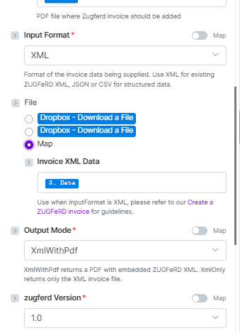 Crea una fattura ZUGFeRD (1.0) con formato di input XML, file impostato su Mappa, dati XML della fattura mappati da un modulo precedente, modalità di output XmlWithPdf e versione zugferd 1.0
